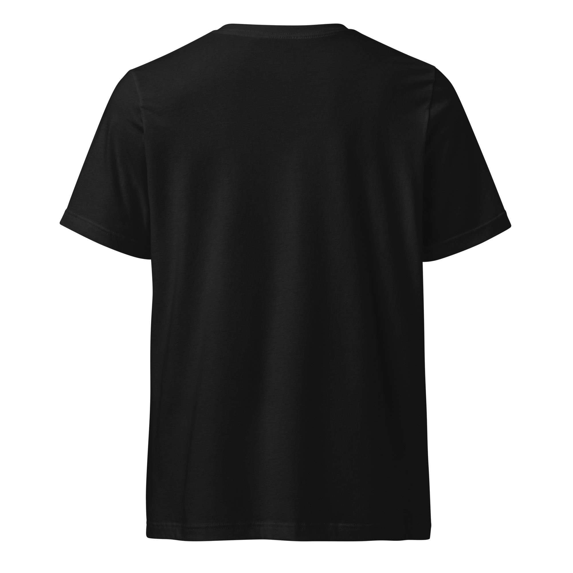 A plain black unisex short sleeve V-neck T-shirt, shown from the back on a white background. The Mad Tree shirt features no visible logos or designs.