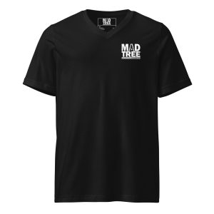 The Unisex Short Sleeve V-Neck T-Shirt - Mad Tree features bold white “MAD TREE” text on the left chest and a matching logo on the neck label, displayed against a plain white background.