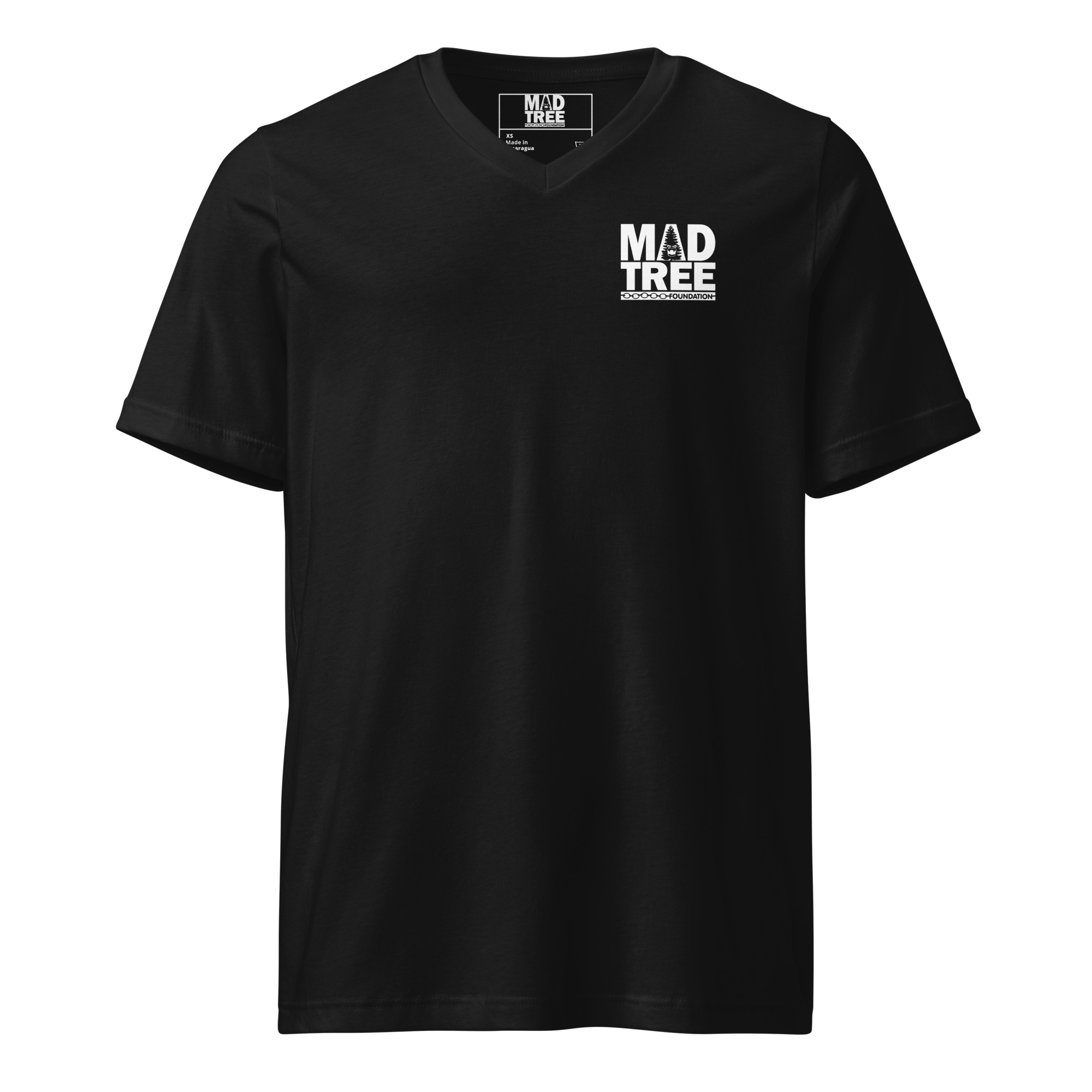 The Unisex Short Sleeve V-Neck T-Shirt - Mad Tree features bold white “MAD TREE” text on the left chest and a matching logo on the neck label, displayed against a plain white background.