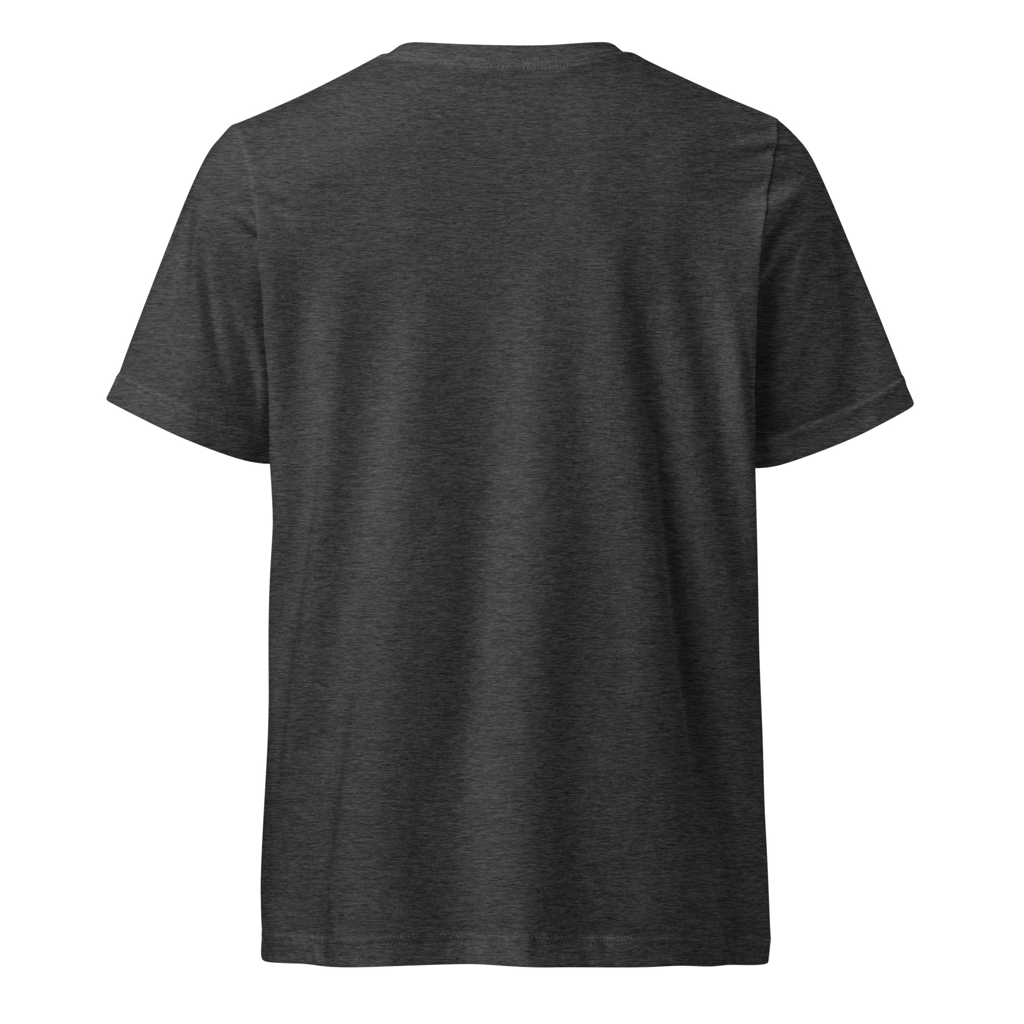 The Unisex Short Sleeve V-Neck T-Shirt - Mad Tree is shown from the back in dark gray, featuring short sleeves and a plain design against a white background.