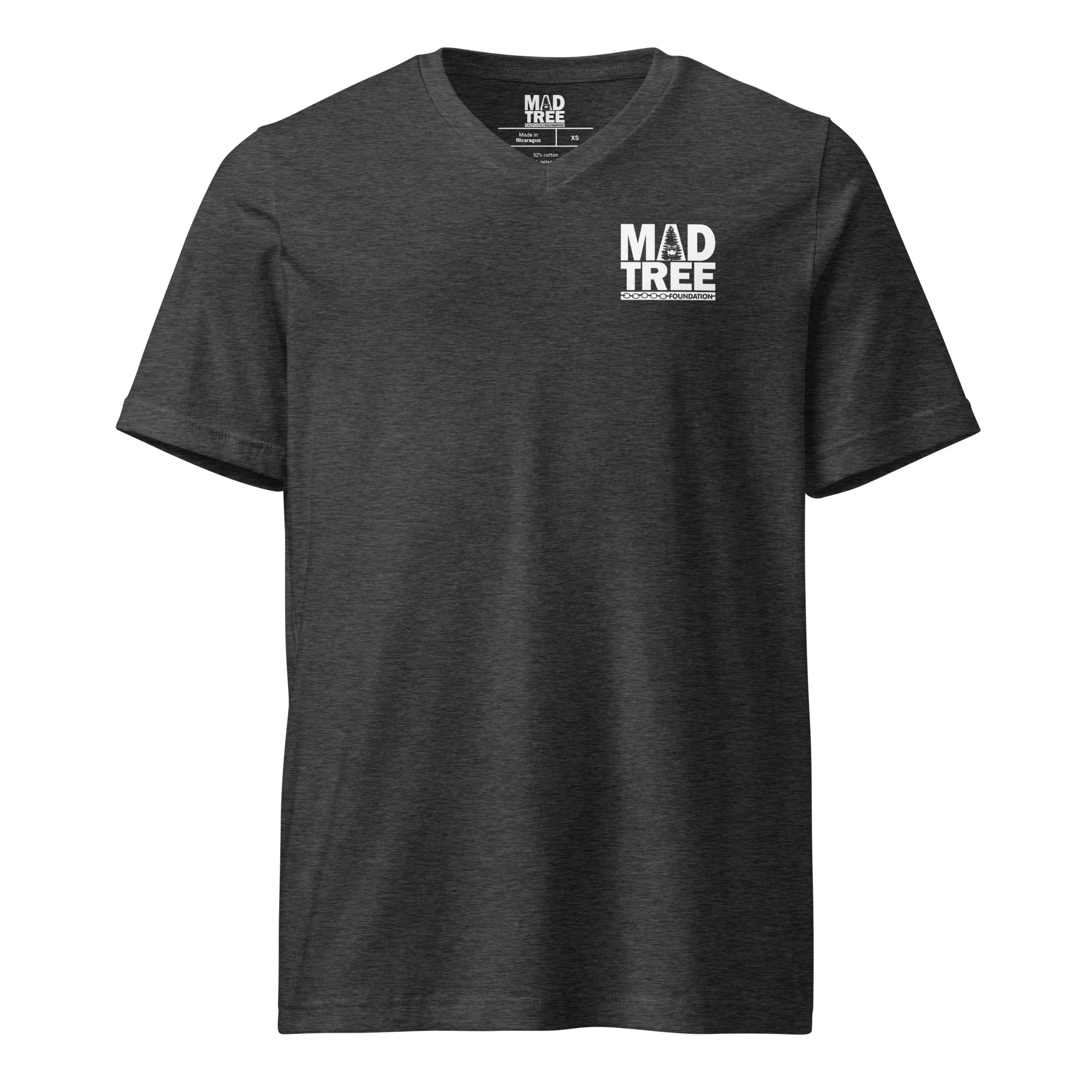The Unisex Short Sleeve V-Neck T-Shirt - Mad Tree is dark gray with "MAD TREE BREWING CO." printed in white on the left chest. It features short sleeves, a V-neckline, and a simple, graphic-free design.