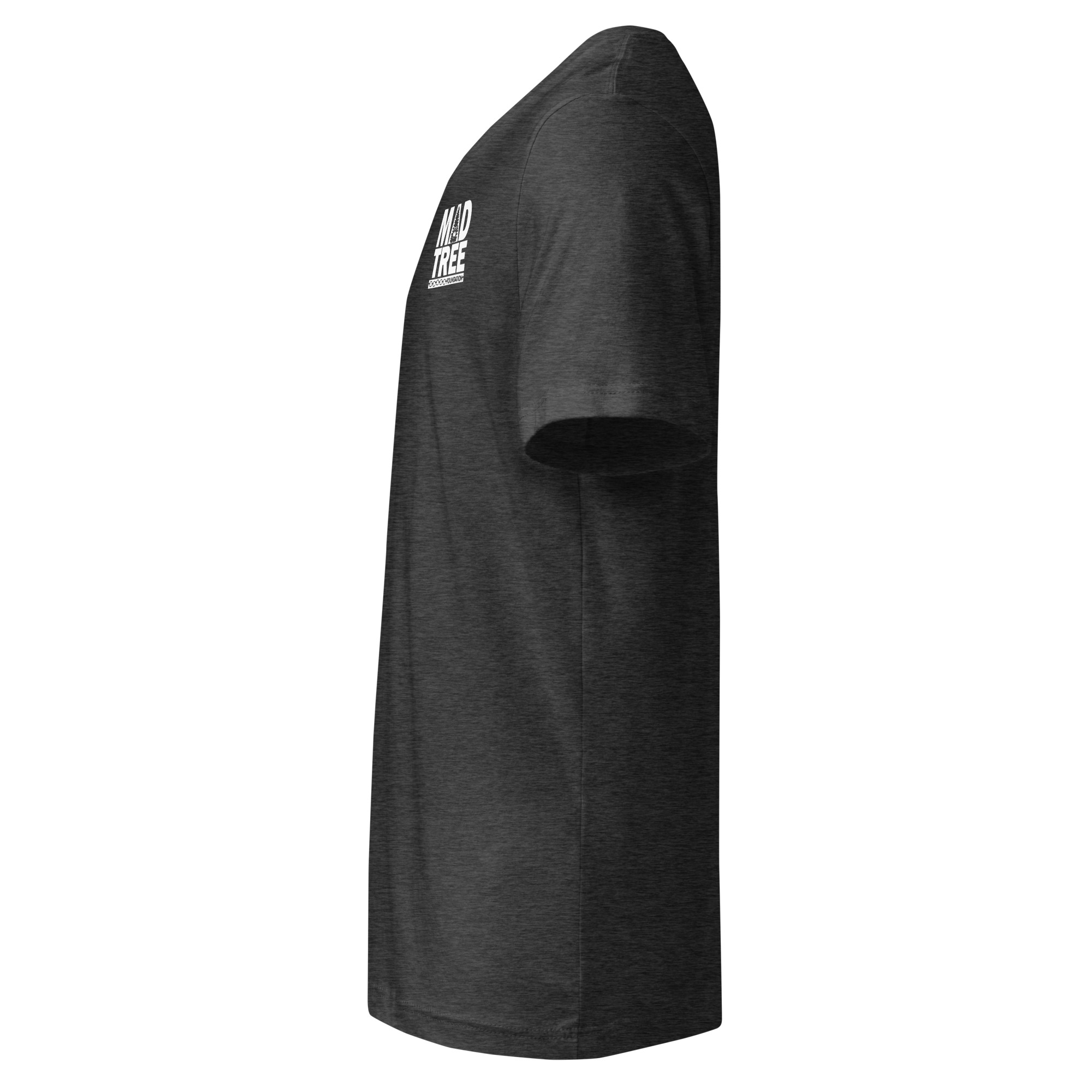 The Unisex Short Sleeve V-Neck T-Shirt - Mad Tree is shown from the side in dark gray, featuring a small white logo on the front upper left chest. The background is plain white.