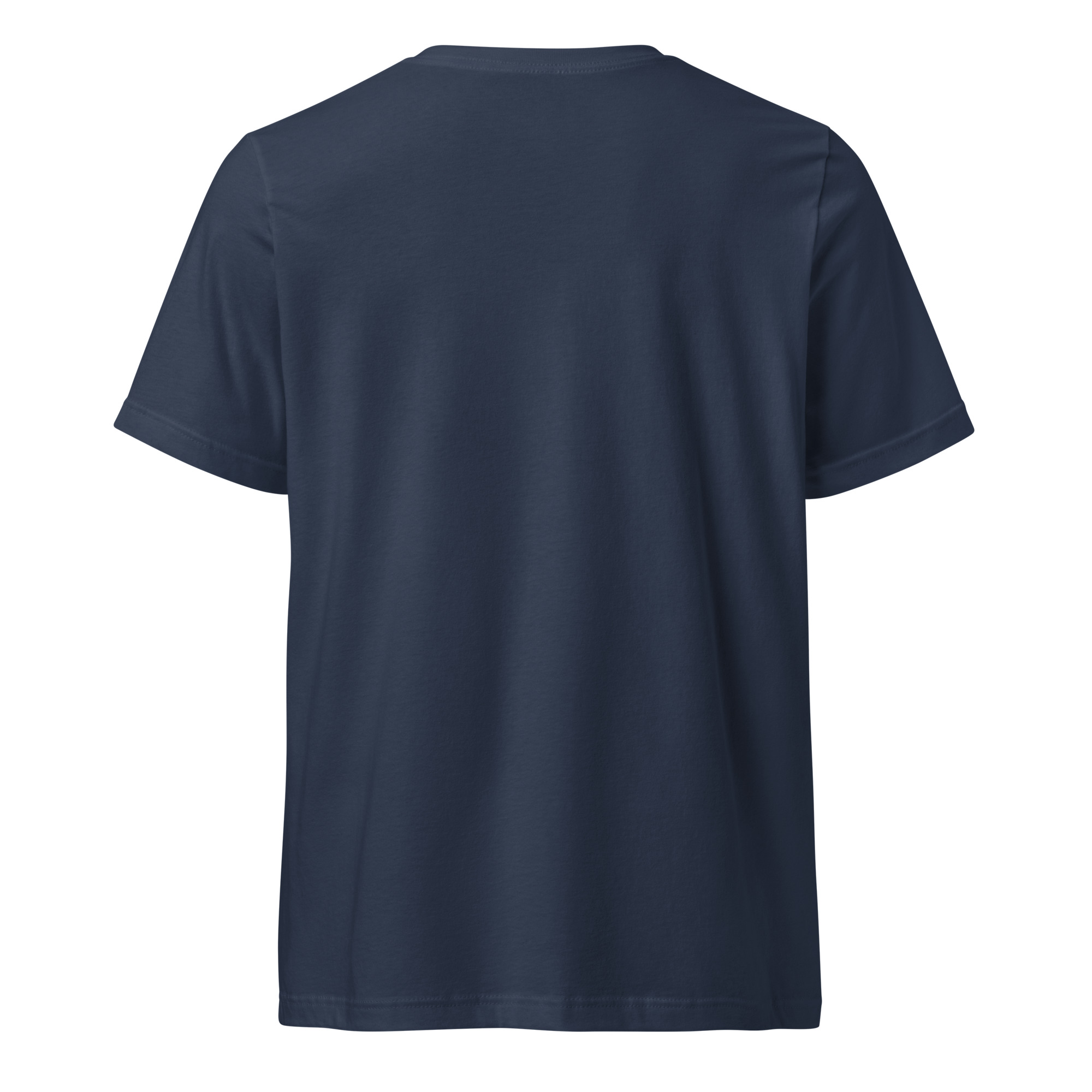 A Unisex Short Sleeve V-Neck T-Shirt by Mad Tree in plain navy blue is shown from the back against a white background.