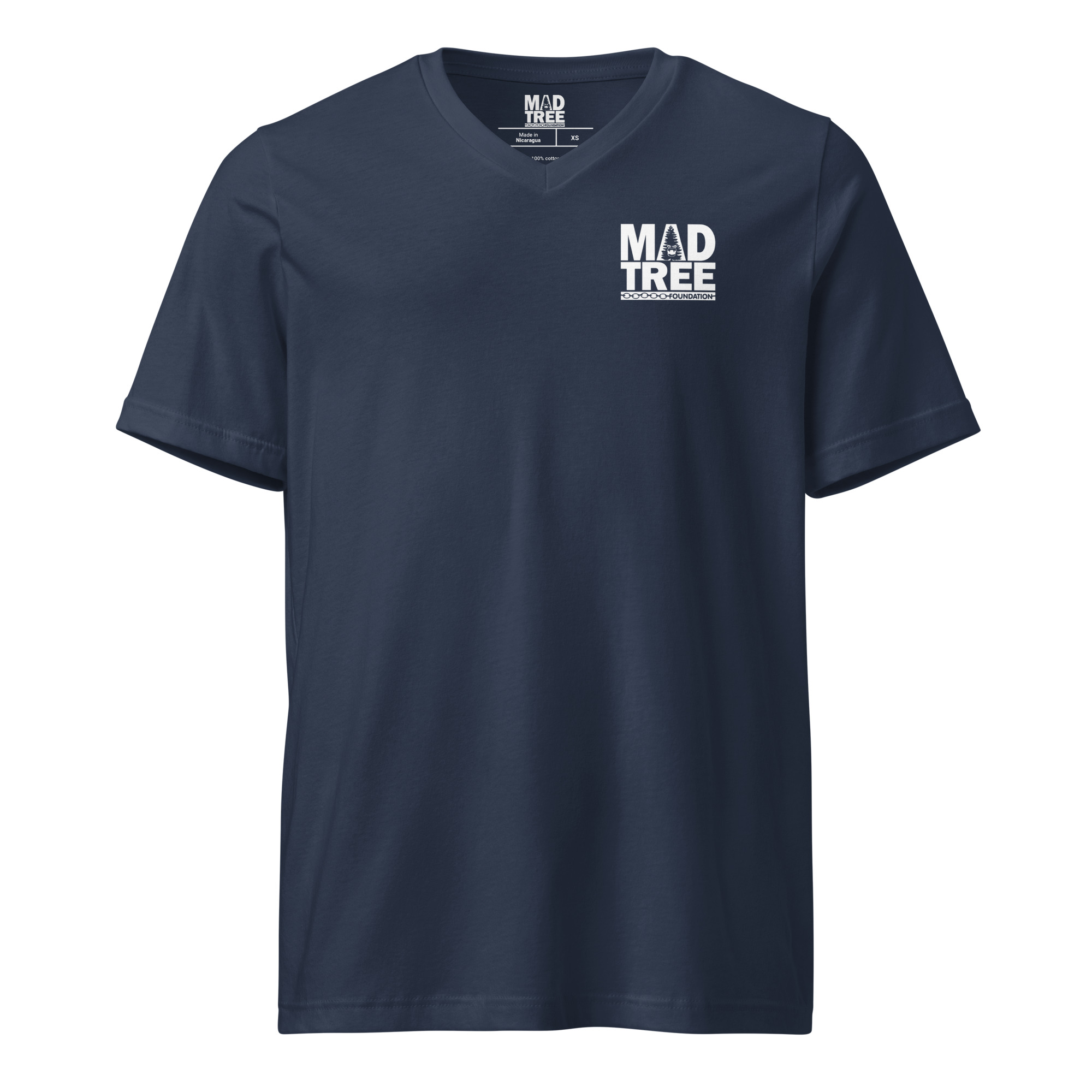 The Unisex Short Sleeve V-Neck T-Shirt - Mad Tree is a navy blue tee with a white MAD TREE logo on the left chest.