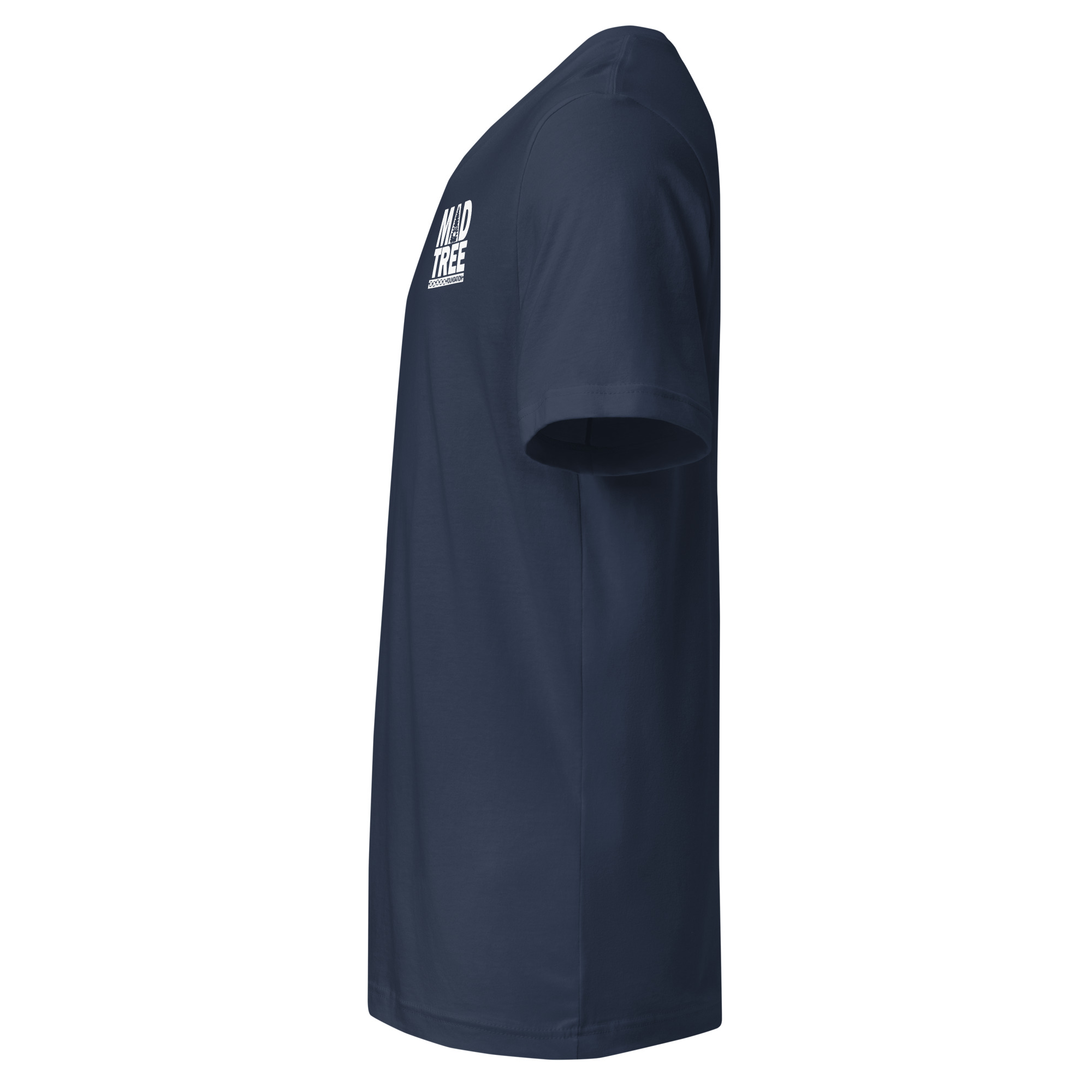 The Unisex Short Sleeve V-Neck T-Shirt - Mad Tree is shown from the right side in navy blue, featuring a small white logo and text on the left chest. The background is plain white.