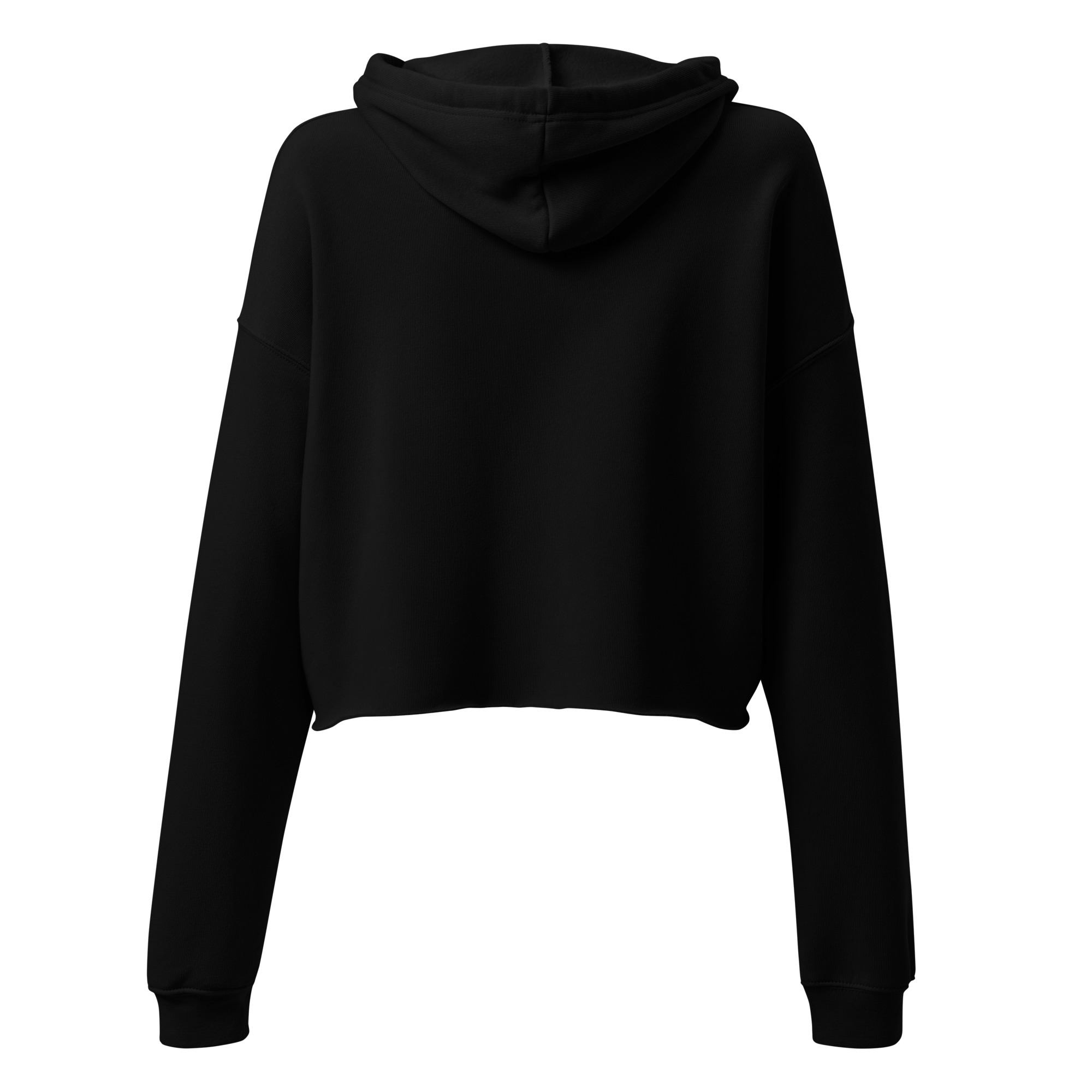 The Crop Hoodie - Mad Tree is a black, long-sleeve cropped hoodie with a hood, shown from the back on a white background. It features a relaxed fit and has no visible designs or logos.