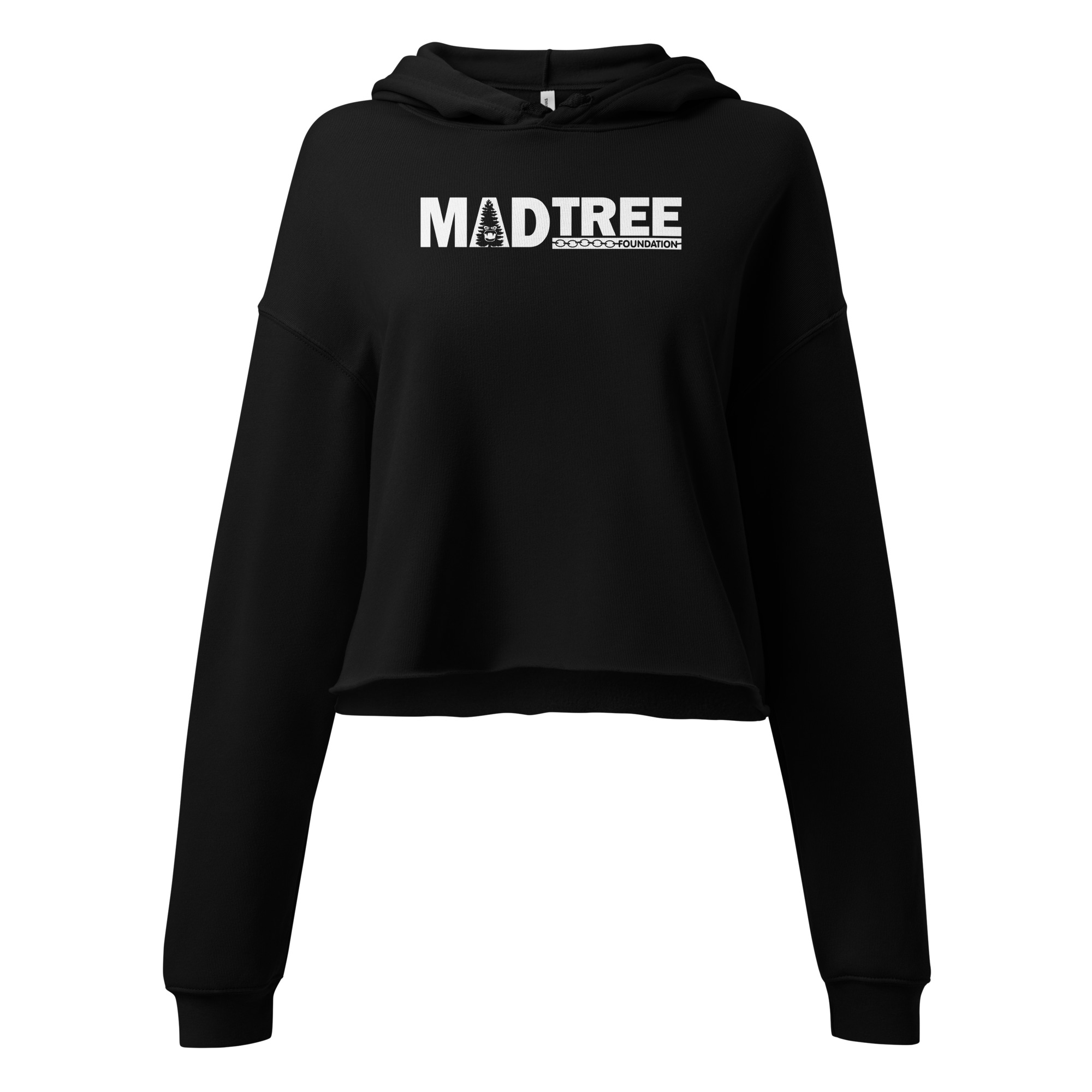 The Crop Hoodie - Mad Tree is a black, long-sleeve cropped hoodie featuring "MADTREE" in white uppercase letters across the chest, with a stylized tree graphic inside the letter A.