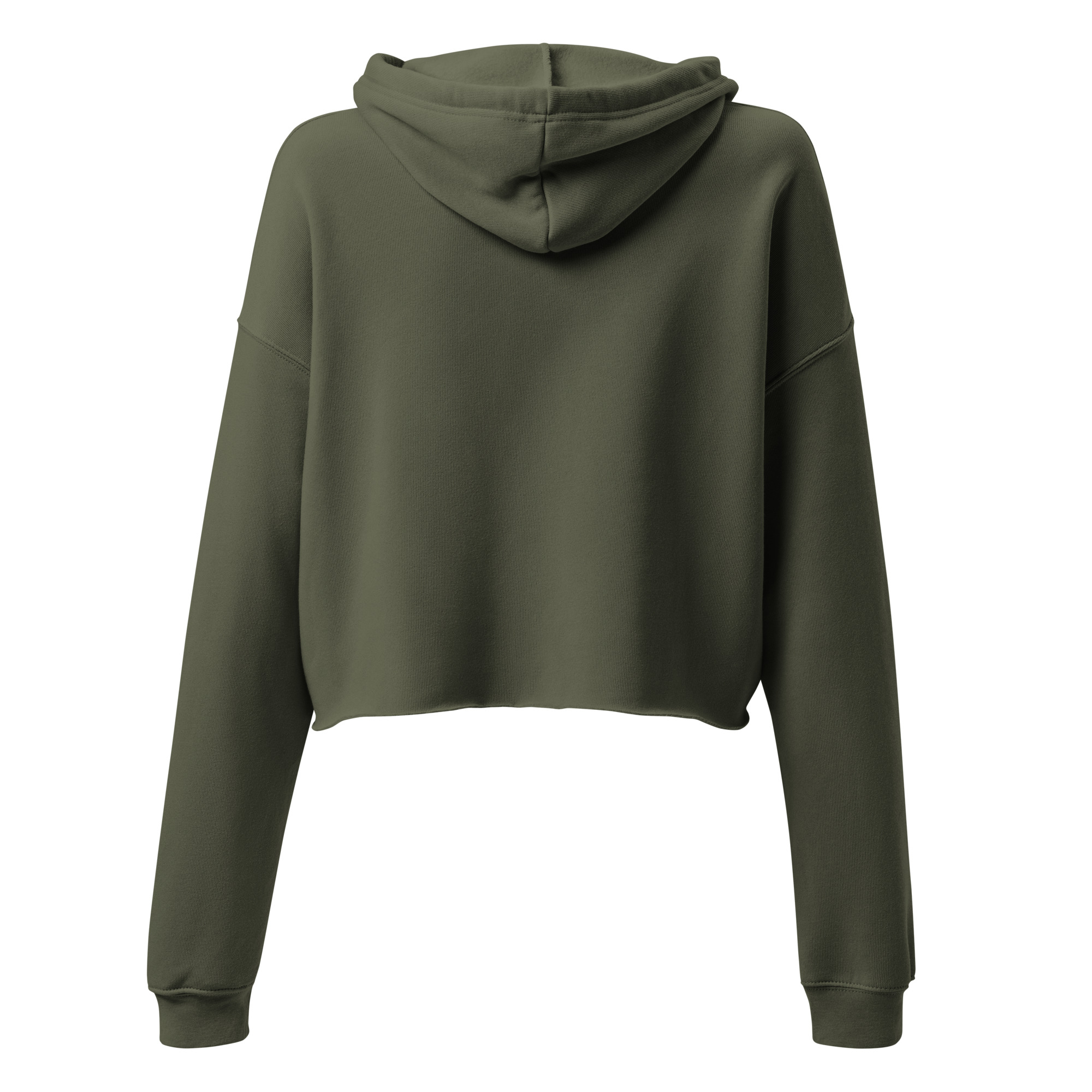 The Crop Hoodie - Mad Tree is a dark green, long-sleeve cropped hoodie with a relaxed fit and hood, shown from the back on a white background. It features no visible logos or designs.