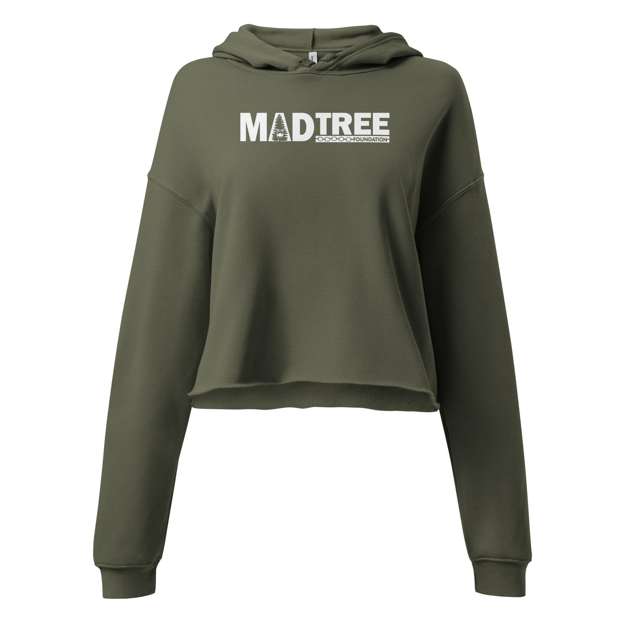 The Crop Hoodie - Mad Tree is an olive green, long-sleeve cropped hoodie with a hood, featuring white MADTREE text and a tree graphic on the front.