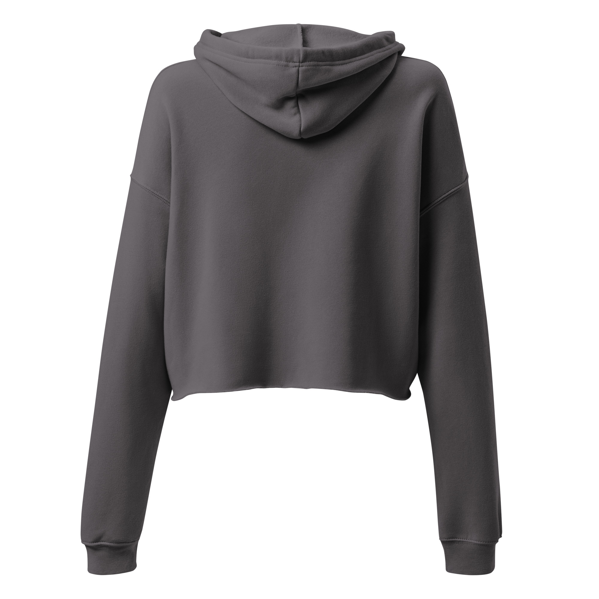 The Crop Hoodie - Mad Tree is a dark gray, long-sleeve cropped hoodie with a hood and dropped shoulders, shown from the back on a plain white background.