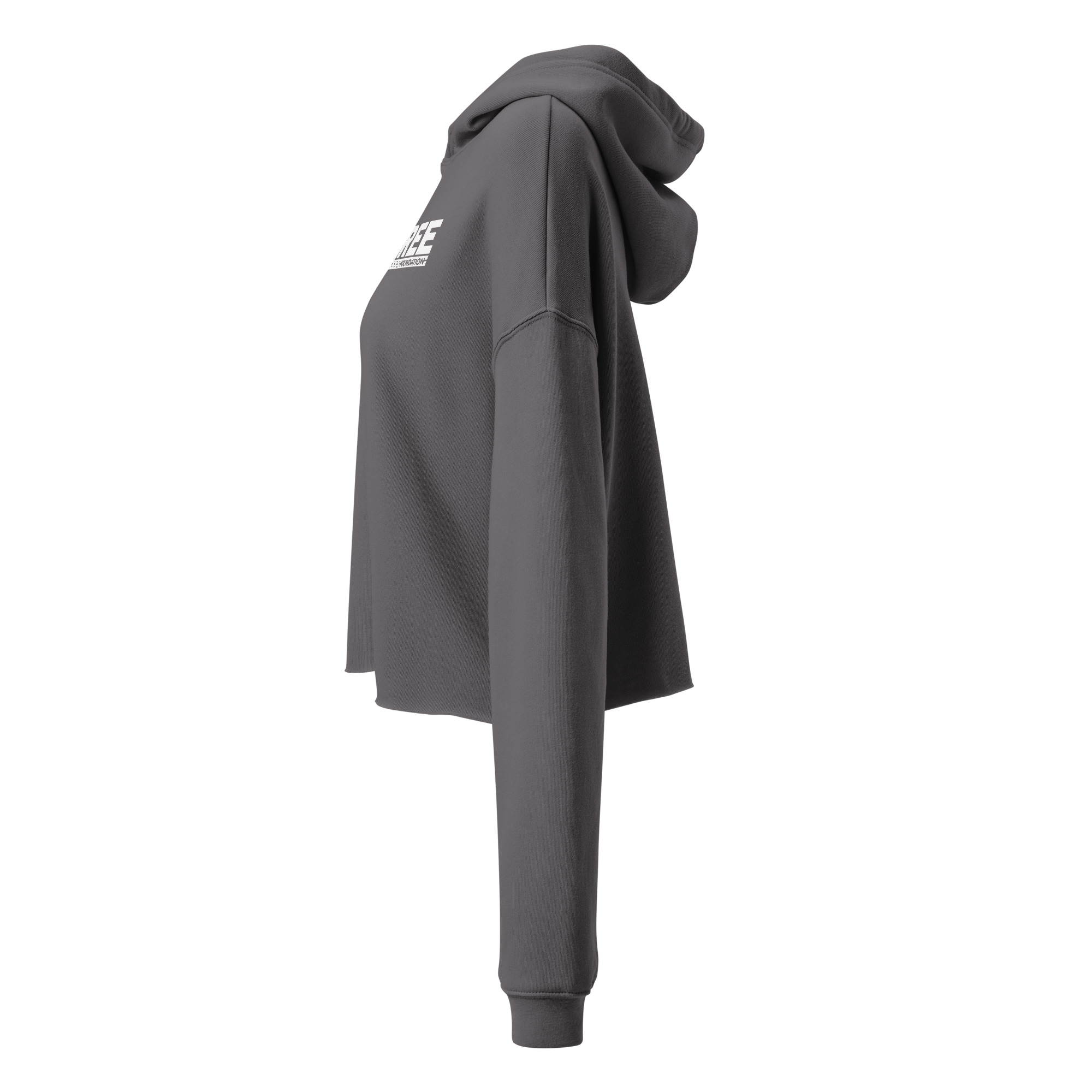 Side view of the Crop Hoodie - Mad Tree, a dark gray, long-sleeve cropped hoodie with a hood and small white text on the upper left chest, shown against a plain white background.