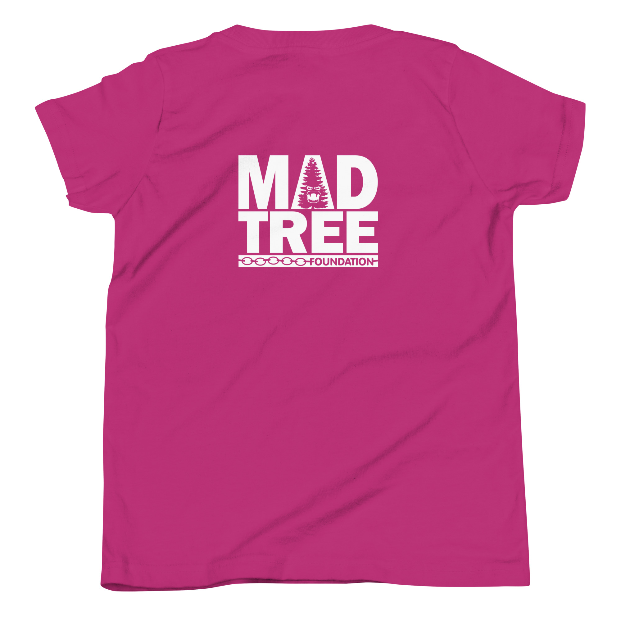 The Youth Short Sleeve T-Shirt - Mad Tree is bright pink and features a white, stylized MadTree Foundation logo with bold text centered near the upper back.