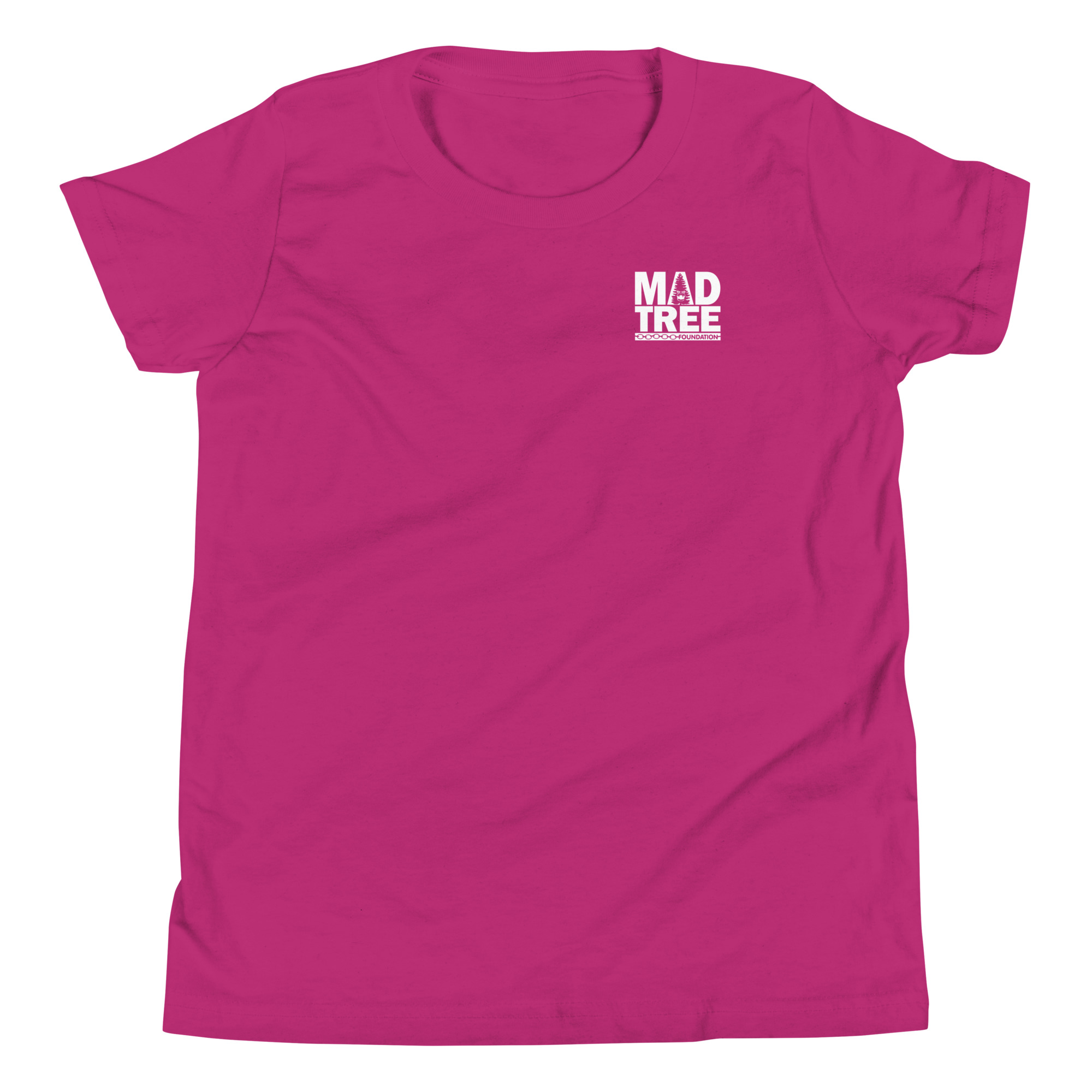 The Youth Short Sleeve T-Shirt - Mad Tree is bright pink with a small white MAD TREE logo on the upper left chest. It features a classic crew neck and short sleeves, shown against a plain white background.