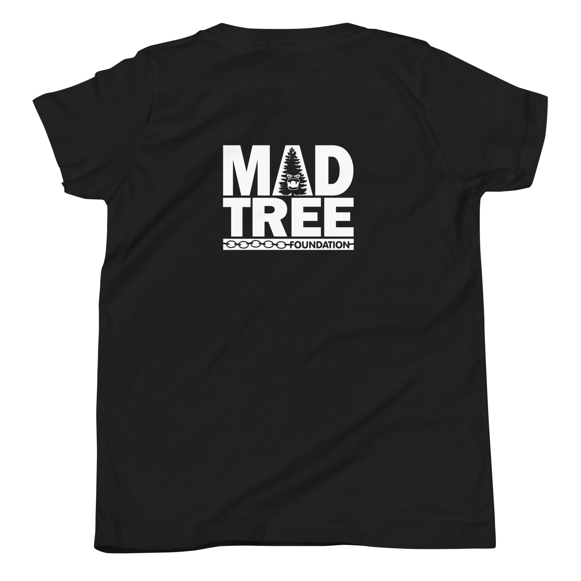 Youth Short Sleeve T-Shirt - Mad Tree: Black tee with "MAD TREE FOUNDATION" in bold white on the back, a tree graphic inside the “A,” and a horizontal line below the text.