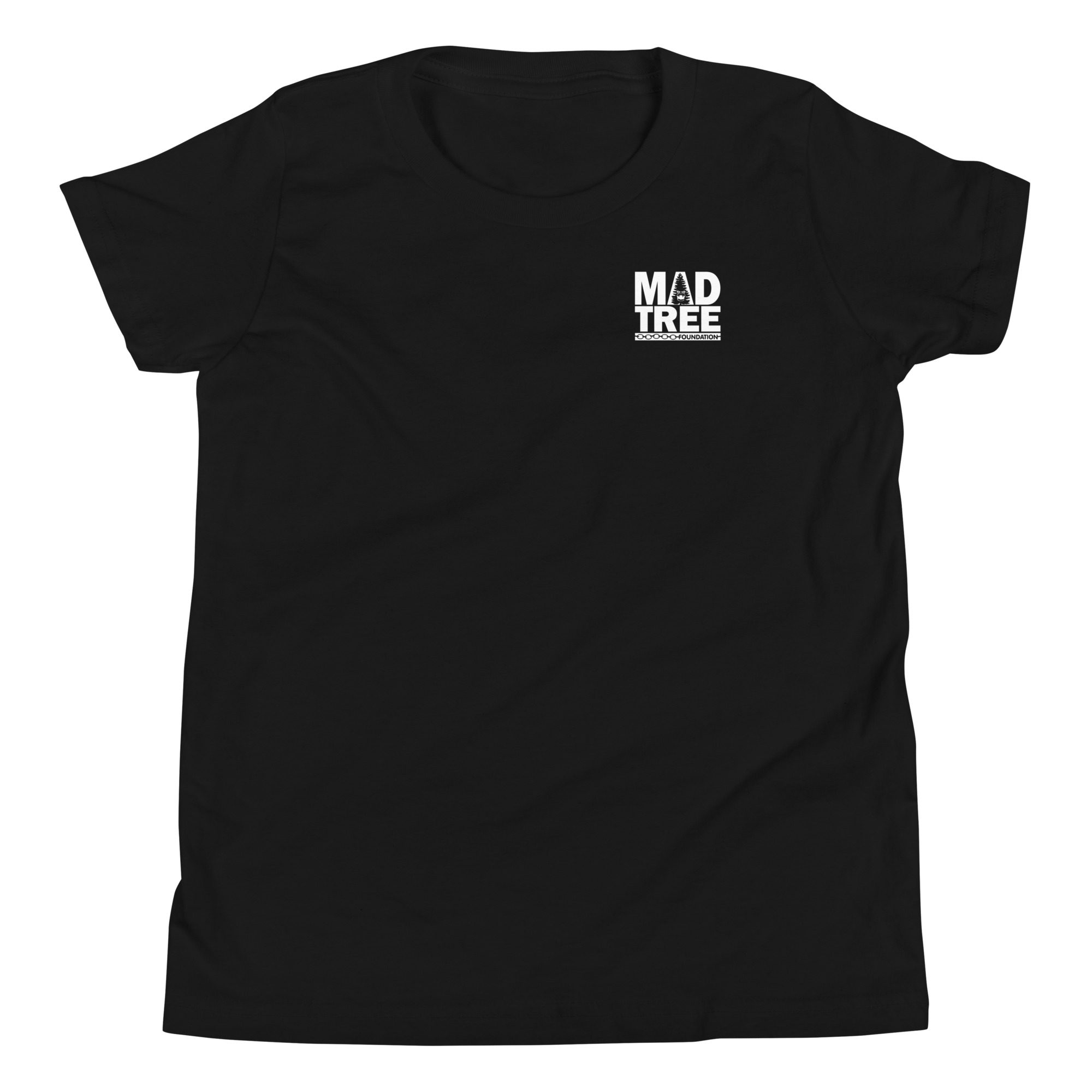Youth Short Sleeve T-Shirt - Mad Tree: Black tee with a small white MAD TREE BREWING logo on the left chest, shown on a plain white background.