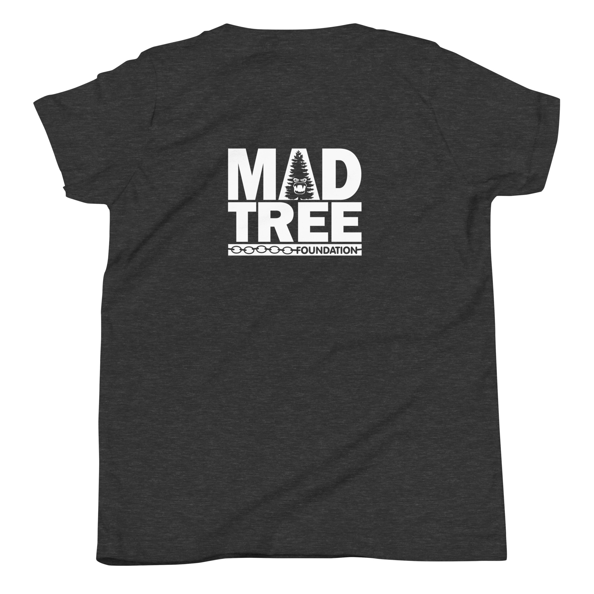 The Youth Short Sleeve T-Shirt - Mad Tree is a dark gray tee with "MAD TREE FOUNDATION" in bold white on the back, a tree graphic in the letter A, and a row of circles below the text.