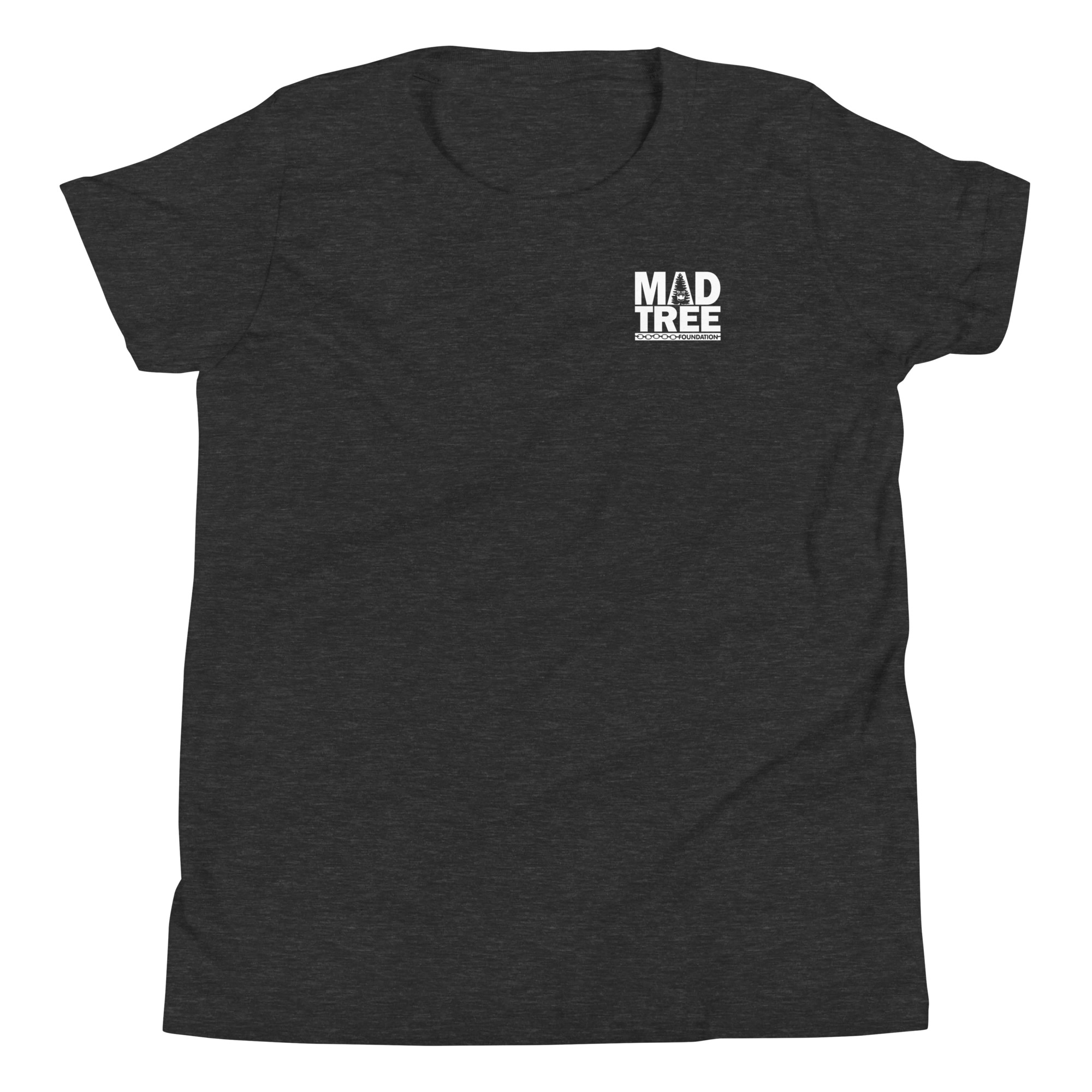 The Youth Short Sleeve T-Shirt - Mad Tree is a dark gray tee with a white MAD TREE logo on the upper left chest, displayed flat on a white background.