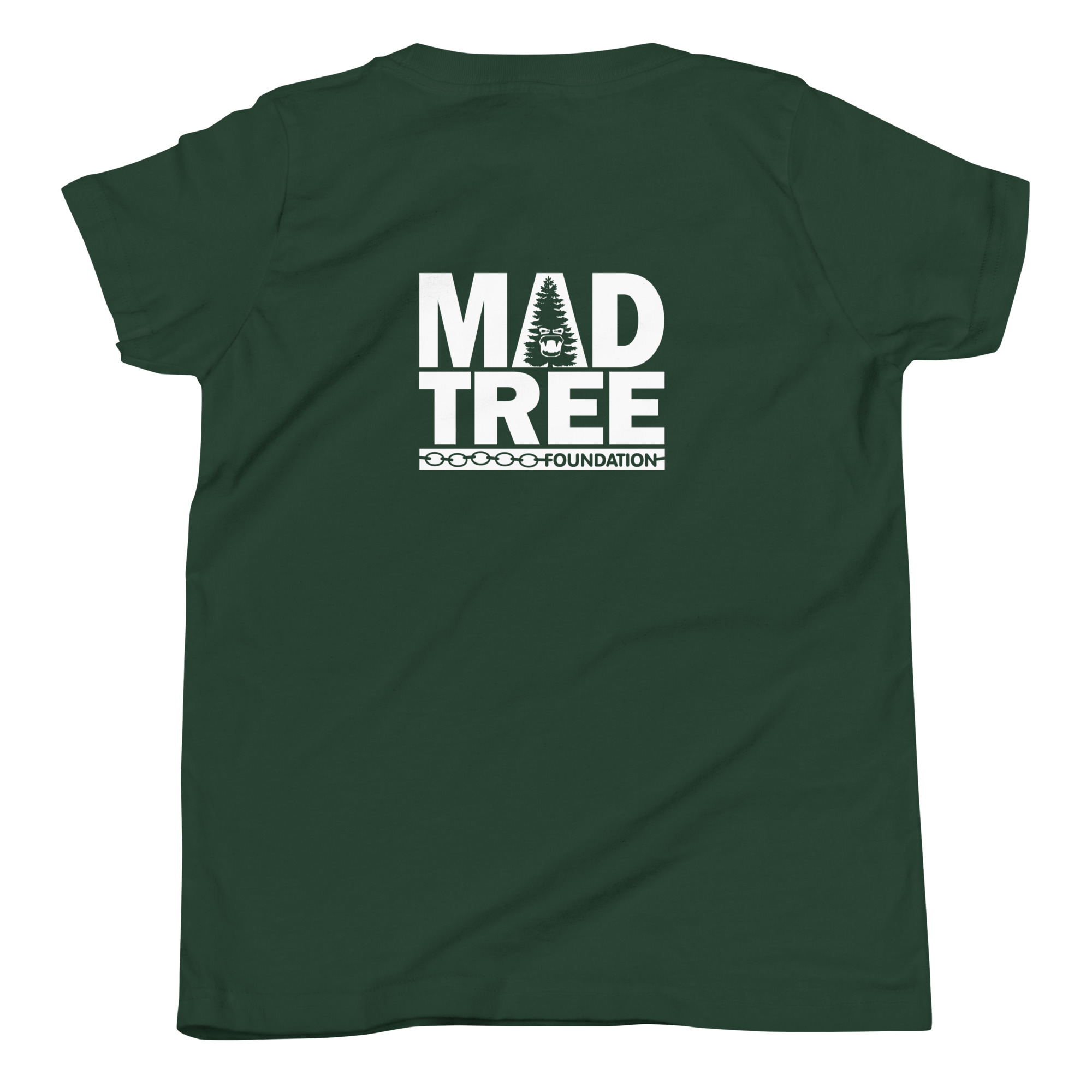 A youth short sleeve T-shirt in dark green featuring "MAD TREE FOUNDATION" and a white tree graphic printed on the back.
