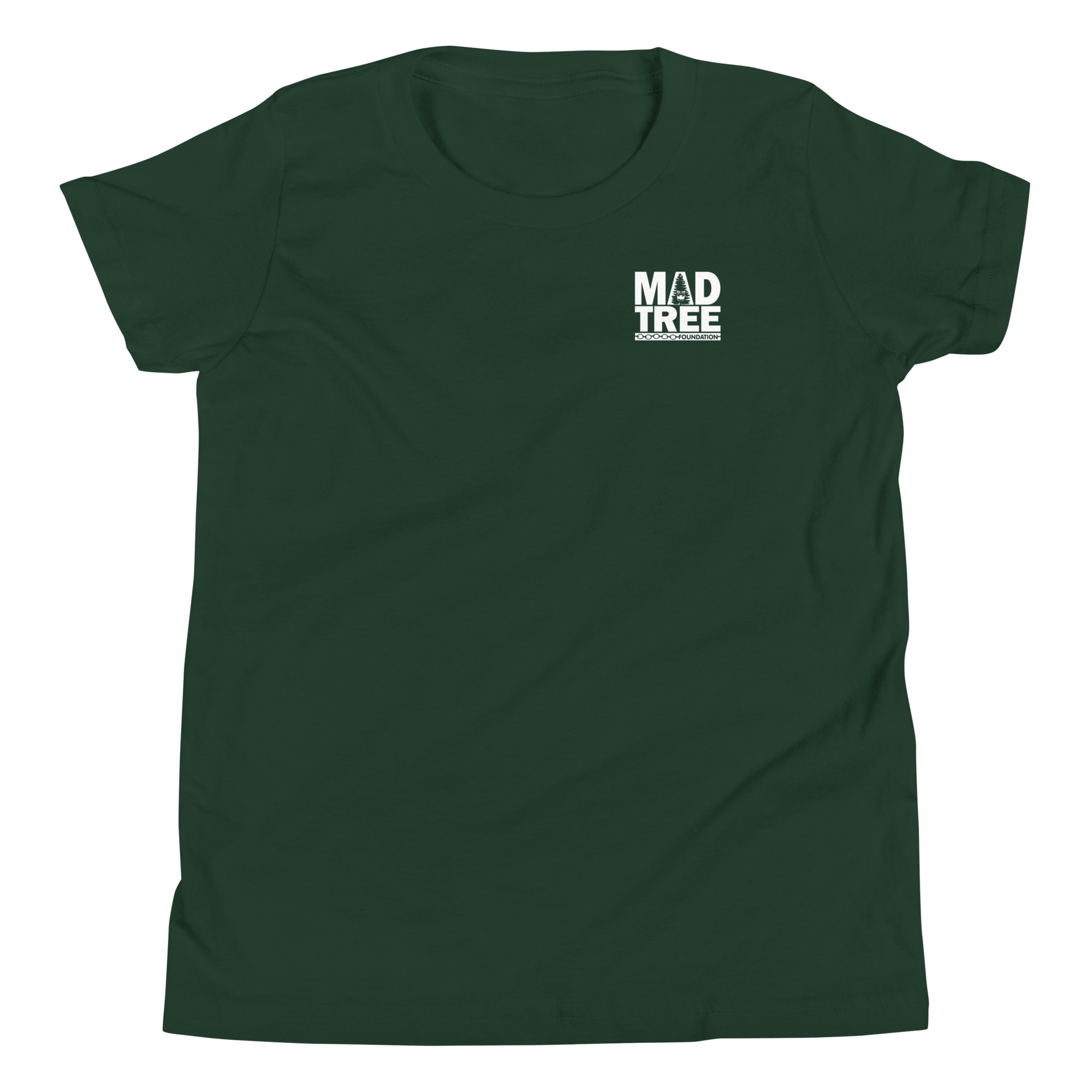 The Youth Short Sleeve T-Shirt - Mad Tree is dark green with a white MAD TREE logo and Brewing Co. text on the left chest, shown laid flat on a white background.