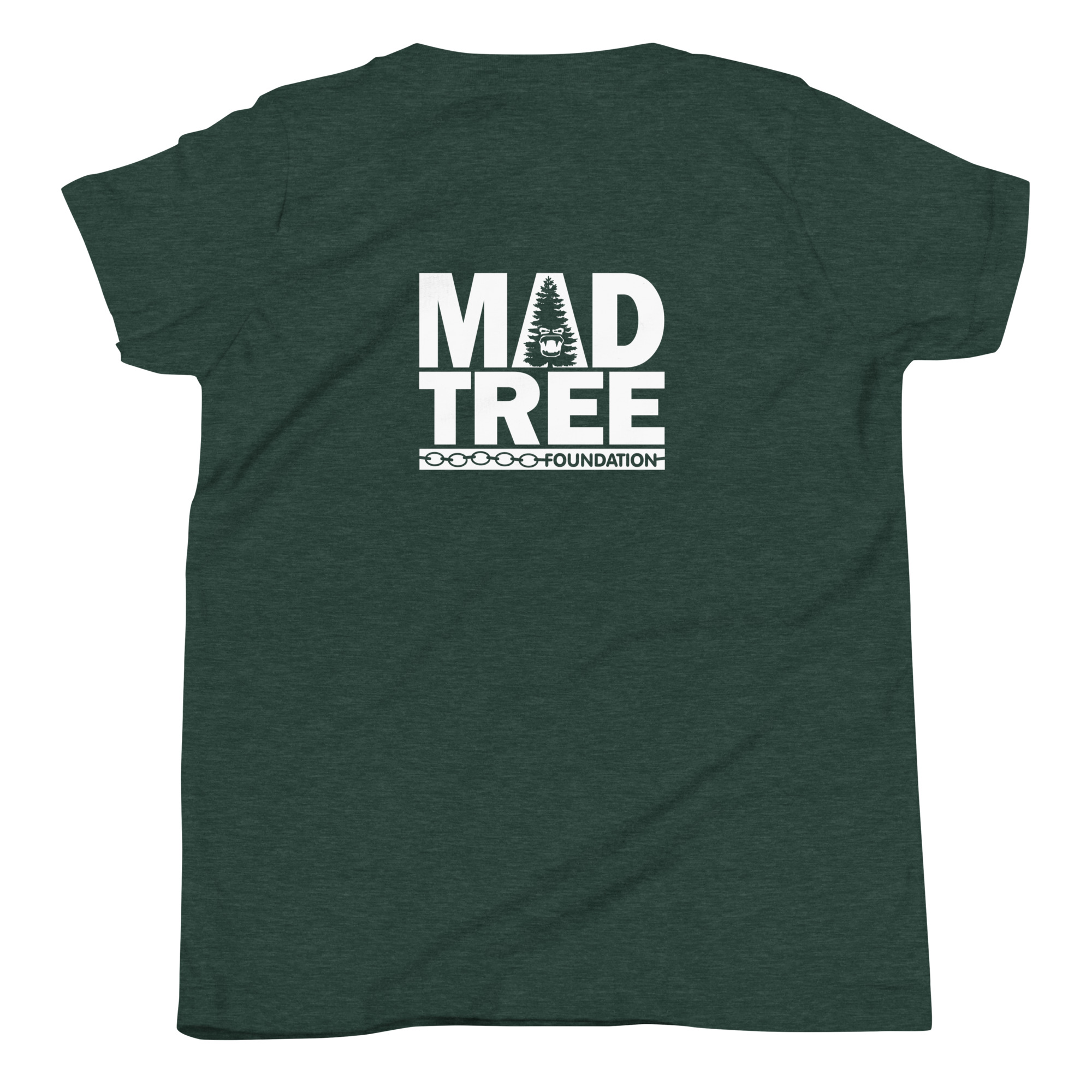 Youth Short Sleeve T-Shirt - Mad Tree: Dark green tee featuring a white MADTREE logo with a pine tree in the center and FOUNDATION underneath, printed on the back.