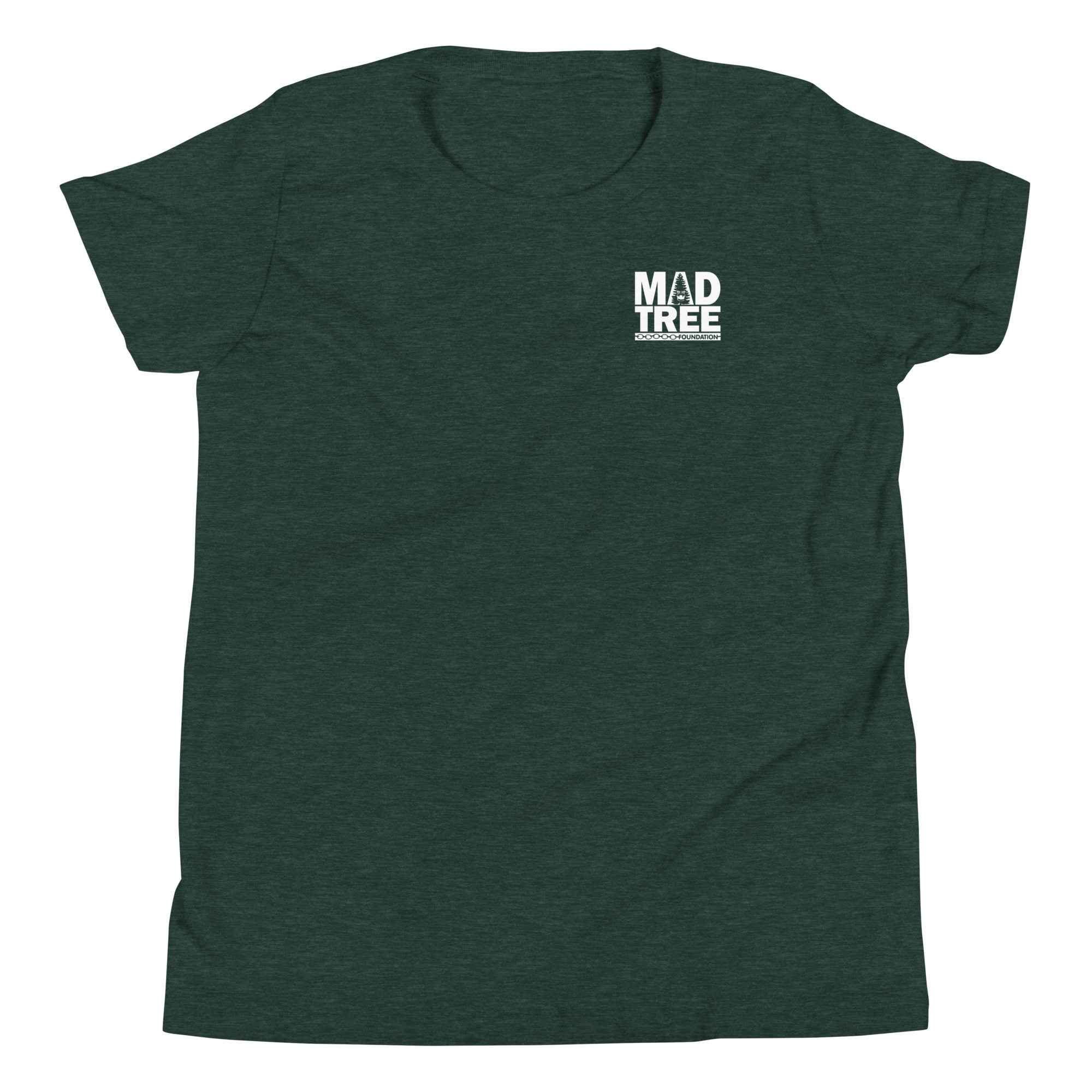 The Youth Short Sleeve T-Shirt - Mad Tree is a dark green tee featuring a small white MadTree Brewing logo on the left chest, shown laid flat on a white background.