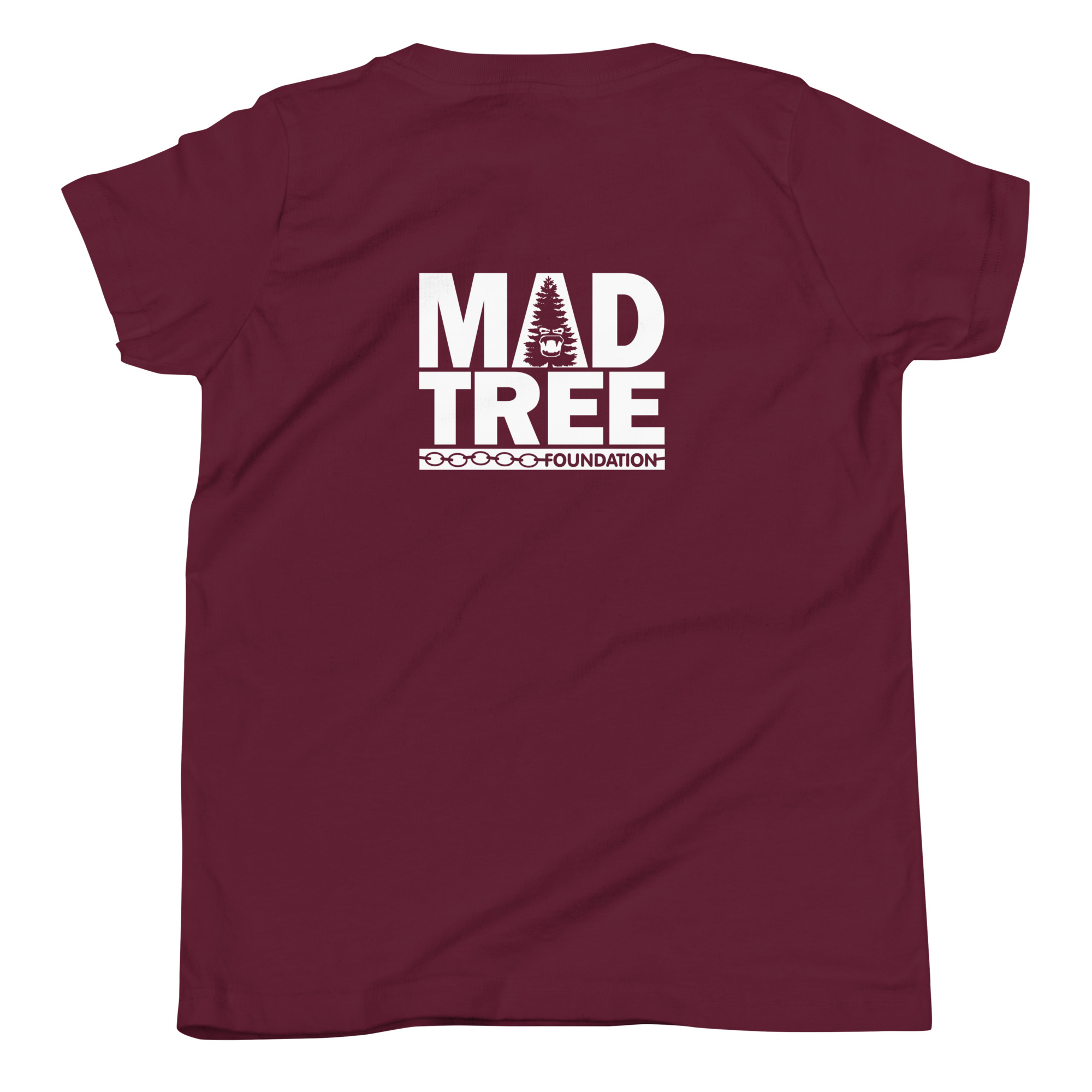 The Youth Short Sleeve T-Shirt - Mad Tree is maroon with the white MadTree Foundation logo on the back, displaying a tree icon and a chain graphic beneath the text.