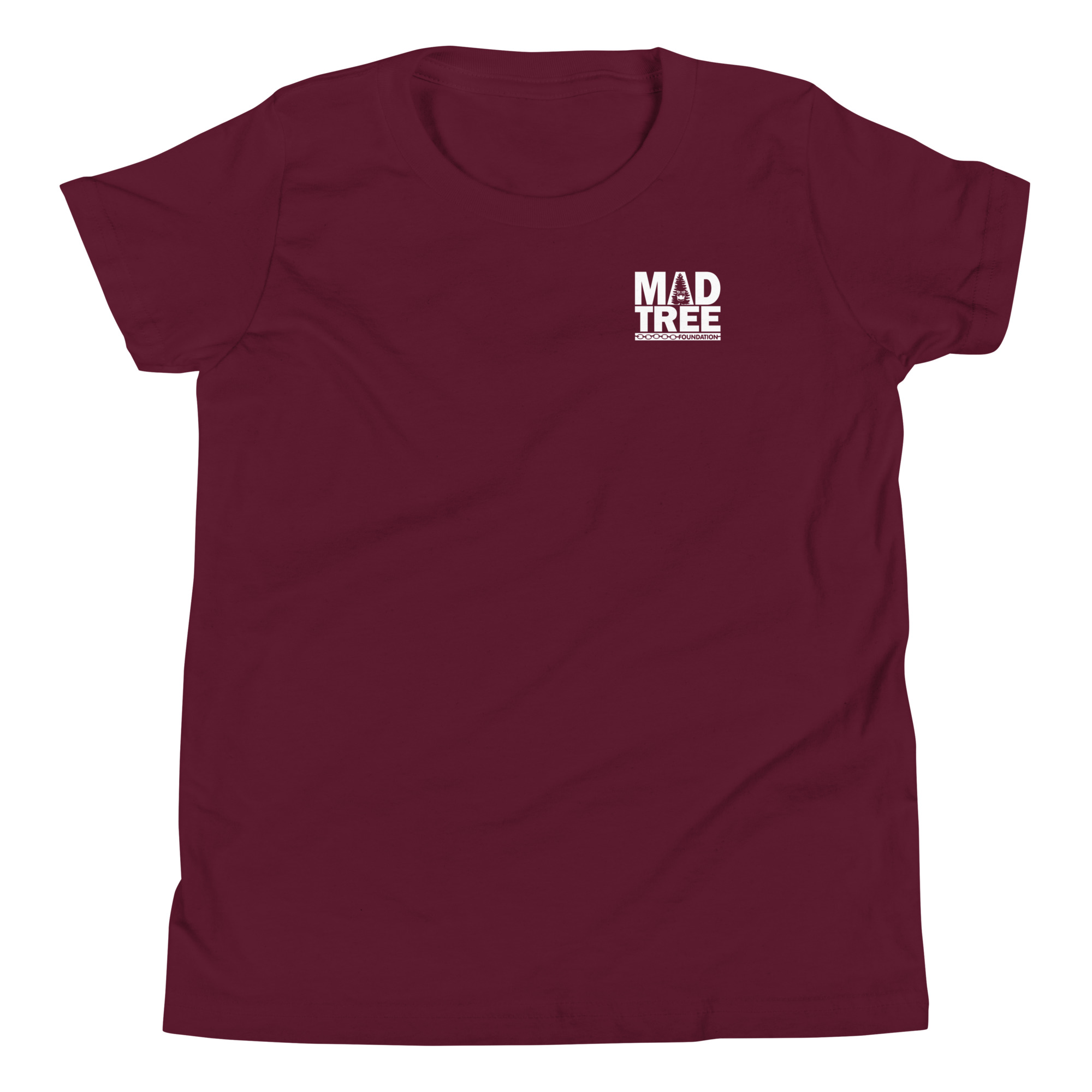 The Youth Short Sleeve T-Shirt - Mad Tree is maroon with a small white MAD TREE logo on the left chest, displayed flat on a white background.