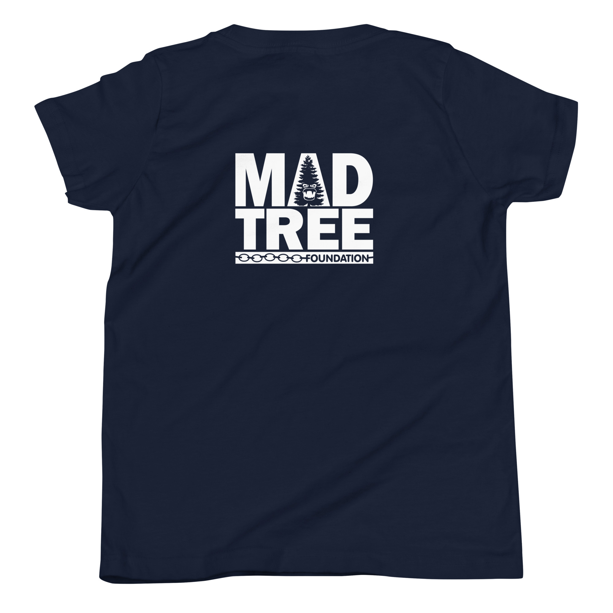 The Youth Short Sleeve T-Shirt - Mad Tree is navy blue with a white “MAD TREE FOUNDATION” logo and tree graphic on the back, plus a row of small circles under the text.