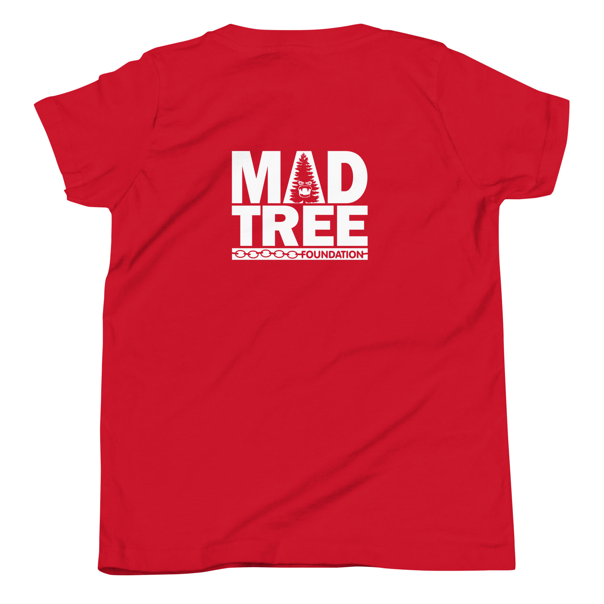 The Youth Short Sleeve T-Shirt - Mad Tree features a red design with the white MAD TREE FOUNDATION logo and an illustrated tree on the upper back.