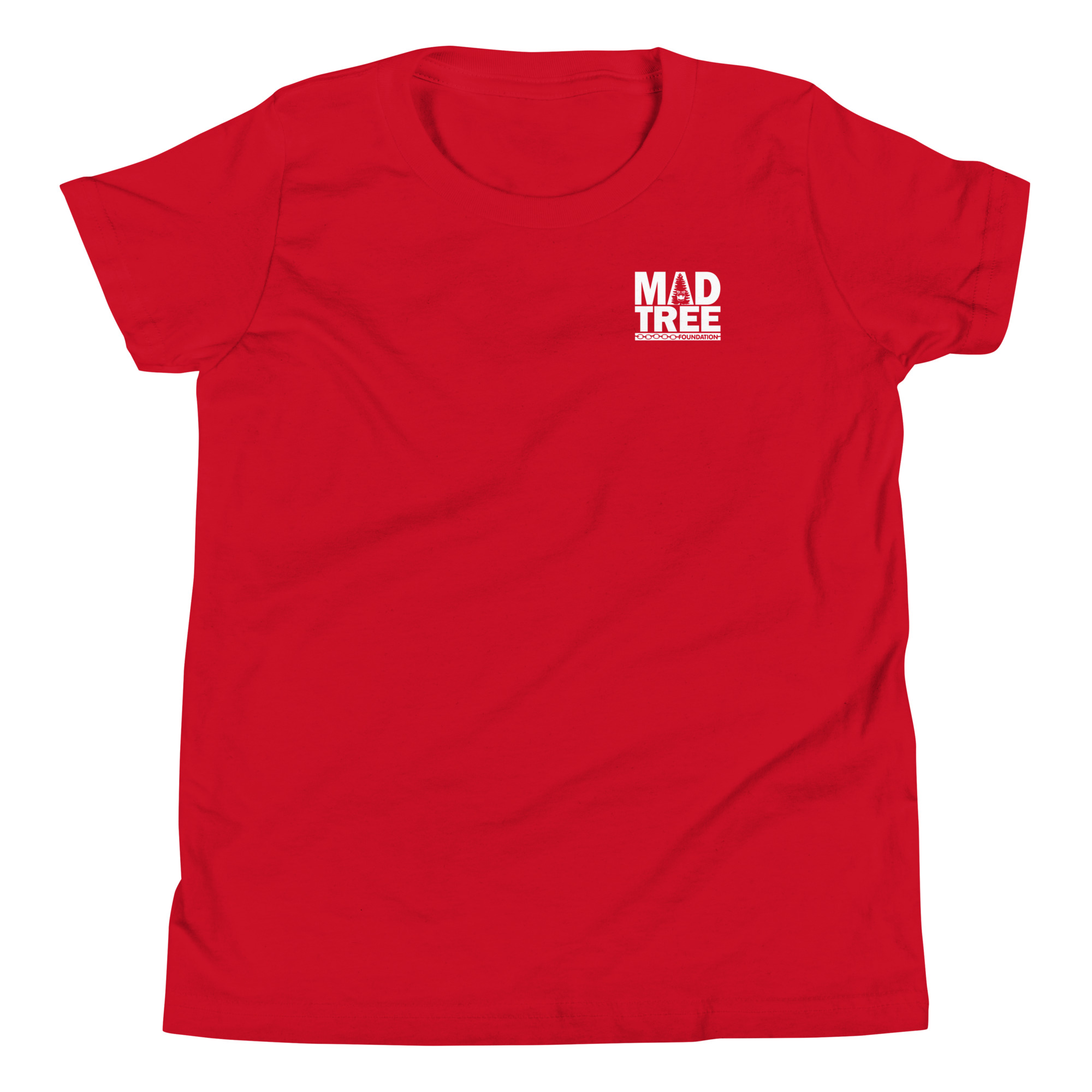 The Youth Short Sleeve T-Shirt - Mad Tree features a bright red color and a small white MAD TREE logo on the left chest, shown laid flat on a white background.