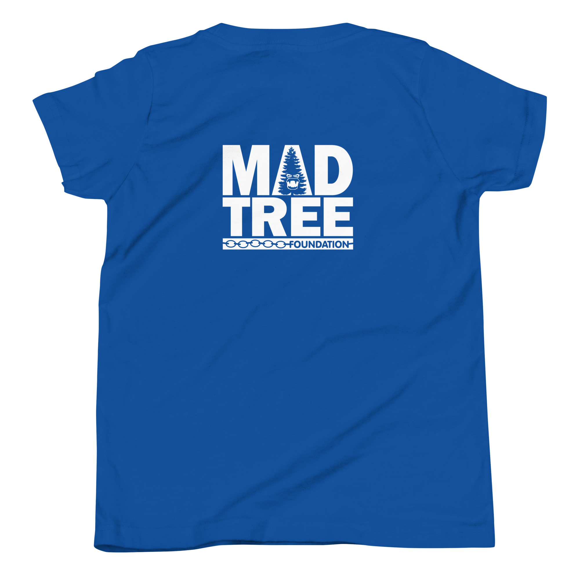 Youth Short Sleeve T-Shirt - Mad Tree: Blue tee with a white MAD TREE FOUNDATION logo on the back, featuring a tree graphic and chain link design below the text.