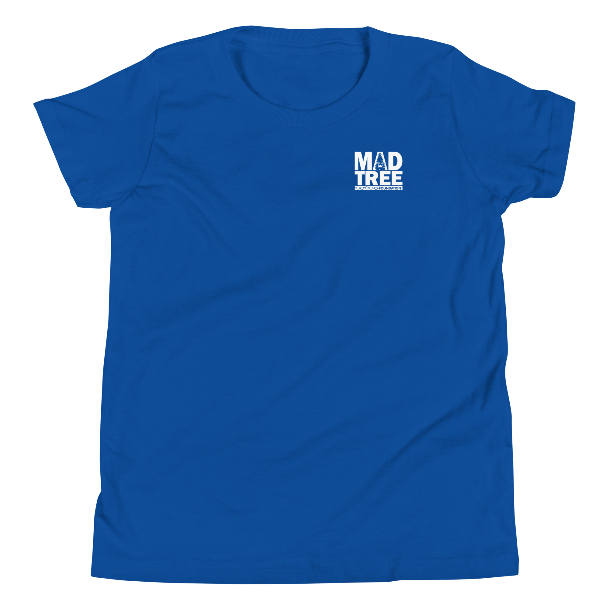 The Youth Short Sleeve T-Shirt - Mad Tree is royal blue with a small white MAD TREE logo on the left chest, shown laid flat on a white background.