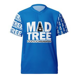 Recycled unisex sports jersey in blue with MAD TREE FOUNDATION in bold white letters on the front, a pine tree graphic at the center, and tree patterns on both sleeves.