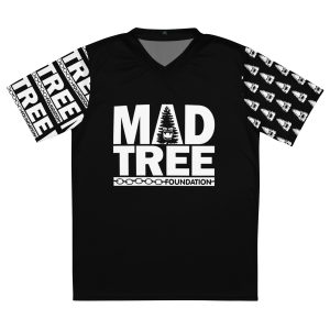 The Mad Tree Unisex Sports Jersey - Black features MAD TREE FOUNDATION in bold white letters on the front, a tree graphic in the letter A, tree patterns on both sleeves, and a v-neck design.