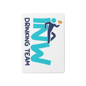 The Poker playing cards - INWDT feature a white background, large blue MW letters, a stylized figure holding a cup, and the words DRINKING TEAM vertically on the left.