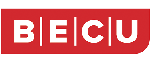 Red rectangular logo with white letters spelling BECU, each letter separated by a vertical white line. The bottom right corner is slightly rounded.