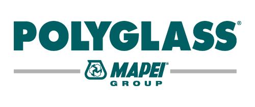 POLYGLASS logo above the MAPEI GROUP logo, which includes a recycling symbol inside a hexagon. Both logos are teal, separated by gray horizontal lines on a light background.